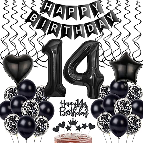 Schwarz 14. Geburtstag Dekoration, Luftballon 14. Geburtstag Deko, Schwarz Tortendeko Geburtstag 14 Jahre Junge, Deko 14. Geburtstag Junge Mädchen, Schwarz Deko 14. Geburtstag Ballons von Yishamei