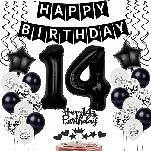 Schwarz Weiß Luftballons 14. Geburtstag Dekoration,Geburtstagsdeko 14 Jahre Junge Mädchen Tortendeko 14 Geburtstag junge Ballons 14. Geburtstag Junge Happy Birthday 14 Jahre Junge Geburtstag deko von Yishamei
