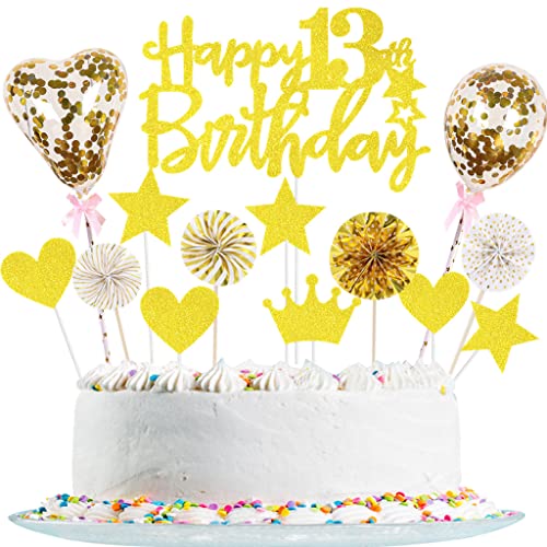 Tortendeko 13 Geburtstag Mädchen Junge Glitzer 13. Geburtstagstorte Topper Gold Cake Topper Deko 13 Geburtstag, Happy 13th Birthday Kuchendeko für 13. Geburtstag Party Kuchen Deko von Yishamei