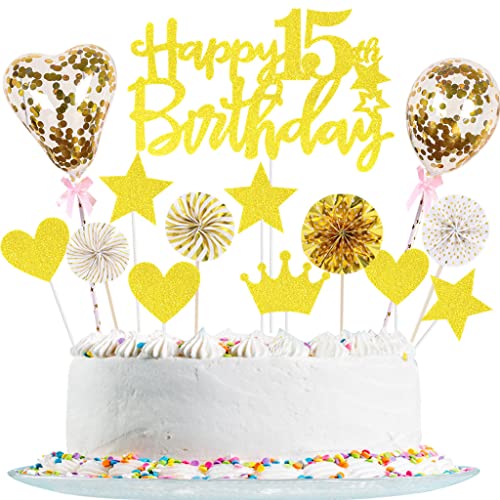 Tortendeko 15 Geburtstag Mädchen Junge Glitzer 15. Geburtstagstorte Topper Gold Cake Topper Deko 15 Geburtstag, Happy 15th Birthday Kuchendeko für 15. Geburtstag Party Kuchen Deko von Yishamei