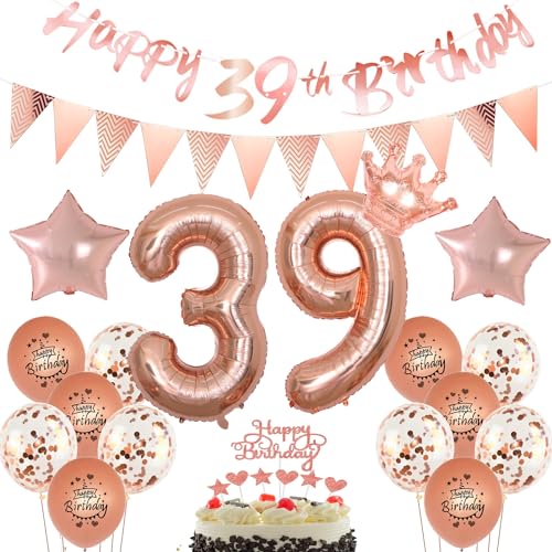 Yishamei Rose Gold 39. Geburtstag Frauen Dekoration Set: Ballons, Banner, Dreiecksfahne, Herz & Krone Folienballons, Konfetti, Latexballons, Kuchendeko, Zahlenballons (18 Stück) von Yishamei