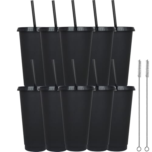 Yisituo 10 Stück Trinkbecher mit Deckel und Strohhalm, 710ml Wiederverwendbare Plastikbecher mit für Smoothies, Kaffee, Party und Reise(10, Schwarz) von Yisituo