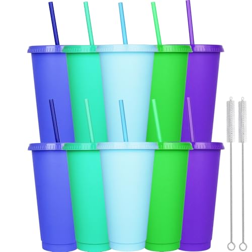 Yisituo 10 Stück Trinkbecher mit Deckel und Strohhalm, 710ml Wiederverwendbare Plastikbecher mit für Smoothies, Kaffee, Party und Reise (10, Farbe) von Yisituo