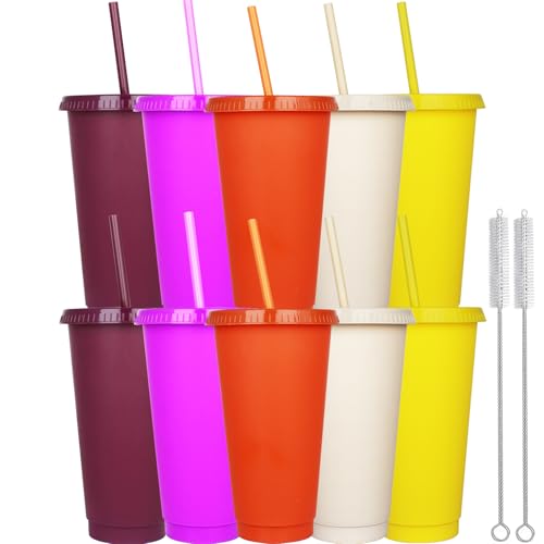 Yisituo 10 Stück Trinkbecher mit Deckel und Strohhalm, 710ml Wiederverwendbare Plastikbecher mit für Smoothies, Kaffee, Party und Reise (10, Farbenfroh) von Yisituo