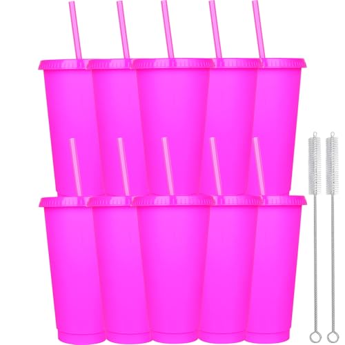 Yisituo 10 Stück Trinkbecher mit Deckel und Strohhalm, 710ml Wiederverwendbare Plastikbecher mit für Smoothies, Kaffee, Party und Reise (10, Rosarot) von Yisituo