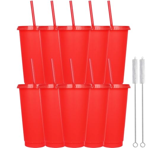 Yisituo 10 Stück Trinkbecher mit Deckel und Strohhalm, 710ml Wiederverwendbare Plastikbecher mit für Smoothies, Kaffee, Party und Reise (10, Rot) von Yisituo
