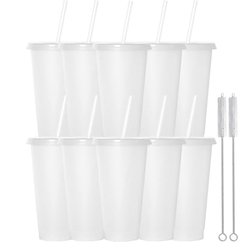 Yisituo 10 Stück Trinkbecher mit Deckel und Strohhalm, 710ml Wiederverwendbare Plastikbecher mit für Smoothies, Kaffee, Party und Reise (10, Transparent) von Yisituo