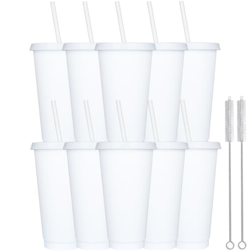 Yisituo 10 Stück Trinkbecher mit Deckel und Strohhalm, 710ml Wiederverwendbare Plastikbecher mit für Smoothies, Kaffee, Party und Reise (10, Weiß) von Yisituo