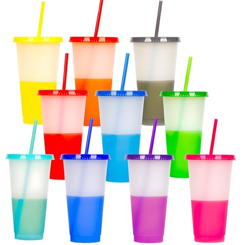 Yisituo 710ml Becher mit Deckel und Strohhalm, 10 Stück Farbwechsel Becher, für Kinder, Mehrweg Plastikbecher, für Partys, Smoothies und Travel(10, Reines Weiß) von Yisituo