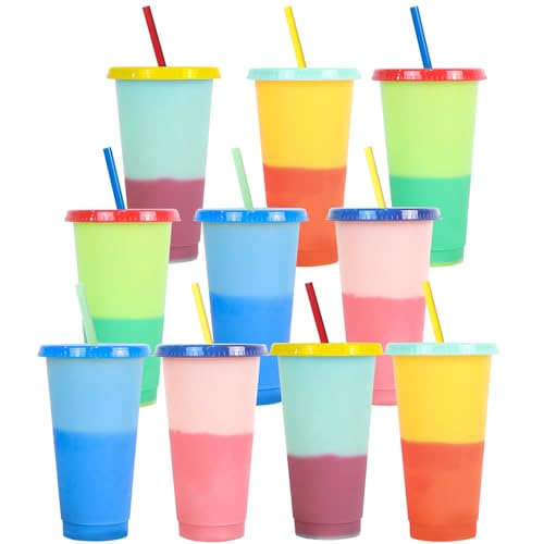 Yisituo 710ml Becher mit Deckel und Strohhalm, 10 Stück Farbwechsel Becher, für Kinder, Mehrweg Plastikbecher, für Partys, Smoothies und Travel (10, Polychrom) von Yisituo