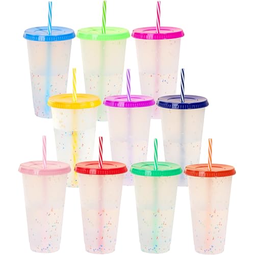 Yisituo 710ml Becher mit Deckel und Strohhalm, 10 Stück Farbwechsel Becher, für Kinder, Mehrweg Plastikbecher, für Partys, Smoothies und Travel (10, Regenbogen) von Yisituo