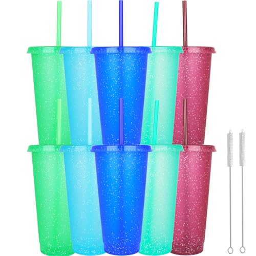 Yisituo 710ml Plastikbecher mit Deckel und Strohhalm,10er Pack für Erwachsene und Kinder Wiederverwendbare smoothie becher, perfekt für Partys, Strand und Poolpartys (10, Farbe) von Yisituo