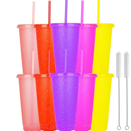 Yisituo 710ml Plastikbecher mit Deckel und Strohhalm,10er Pack für Erwachsene und Kinder Wiederverwendbare smoothie becher, perfekt für Partys, Strand und Poolpartys (10, Farbenfroh) von Yisituo