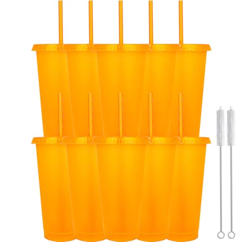 Yisituo 710ml Plastikbecher mit Deckel und Strohhalm,10er Pack für Erwachsene und Kinder Wiederverwendbare smoothie becher, perfekt für Partys, Strand und Poolpartys (10, Orange) von Yisituo