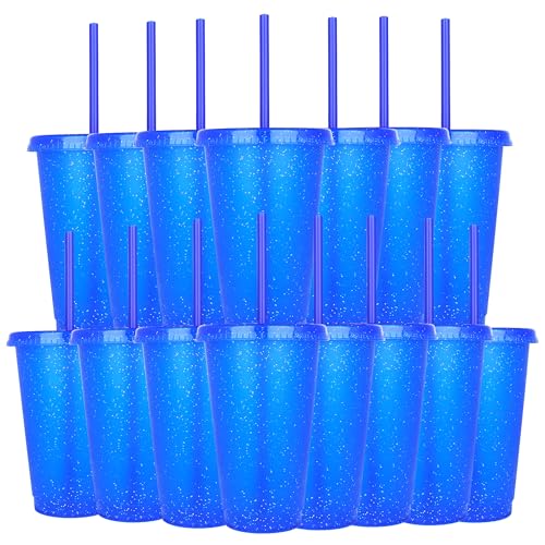Yisituo Kinderbecher mit Deckel und Strohhalm, 15 Stück Plastikbecher, Trinkbecher Kinder für Partys, Camping, Travel (15, Dunkelblau) von Yisituo