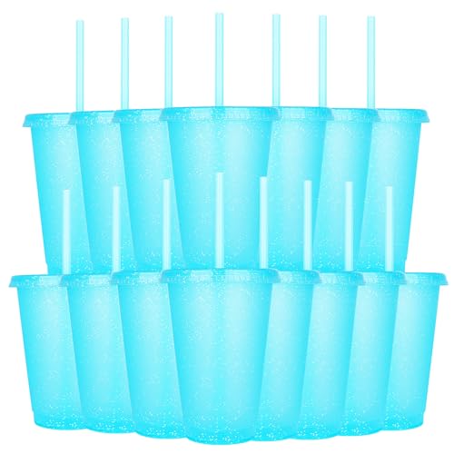 Yisituo Kinderbecher mit Deckel und Strohhalm, 15 Stück Plastikbecher, Trinkbecher Kinder für Partys, Camping, Travel (15, Hellblau) von Yisituo
