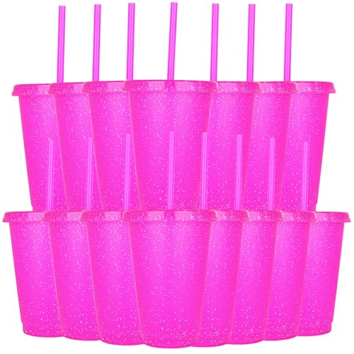 Yisituo Kinderbecher mit Deckel und Strohhalm, 15 Stück Plastikbecher, Trinkbecher Kinder für Partys, Camping, Travel (15, Rosarot) von Yisituo