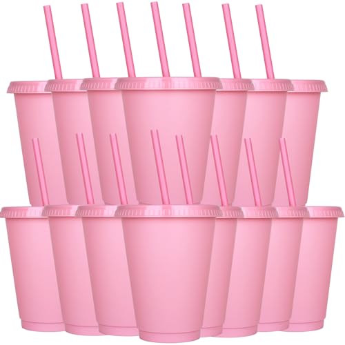 Yisituo Wiederverwendbare Kunststoffbecher, 480 ml, 15 Stück, Kinderbecher mit Deckel und Strohhalm, für kalte Getränke, Eiskaffee, Reisen und Smoothies (15, Rosa) von Yisituo