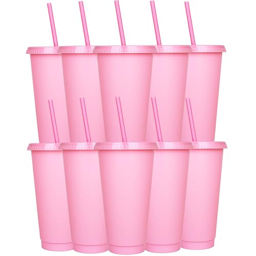 Yisituo Wiederverwendbare Kunststoffbecher, 680 ml, 10 Stück, kalte Becher mit Deckel und Strohhalm, Reisebecher für Erwachsene und Kinder, Party und Strand, Poolversammlungen (10, Rosa) von Yisituo