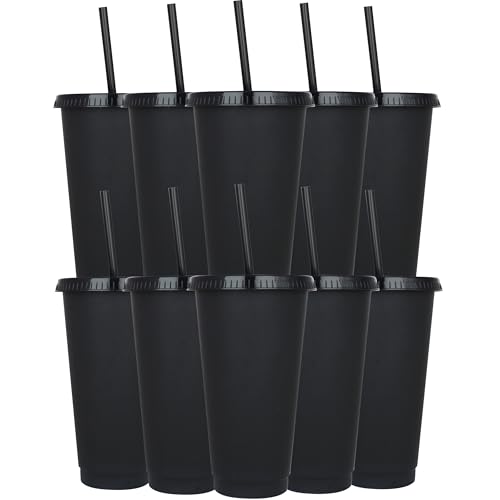 Yisituo Wiederverwendbare Kunststoffbecher, 680 ml, 10 Stück, kalte Becher mit Deckel und Strohhalm, Reisebecher für Erwachsene und Kinder, Party und Strand, Poolversammlungen (10, solides Schwarz) von Yisituo