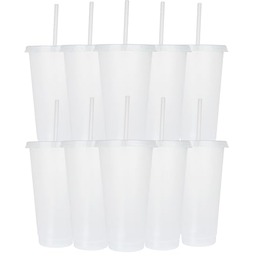 Yisituo Wiederverwendbare Kunststoffbecher, 680 ml, 10 Stück, kalte Becher mit Deckel und Strohhalm, Reisebecher für Erwachsene und Kinder, Party und Strand, Poolversammlungen (10, transparent) von Yisituo