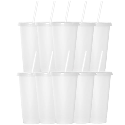 Yisituo Wiederverwendbare Kunststoffbecher, 680 ml, 10 Stück, kalte Becher mit Deckel und Strohhalm, Reisebecher für Erwachsene und Kinder, Party und Strand, Poolversammlungen (10, transparent) von Yisituo