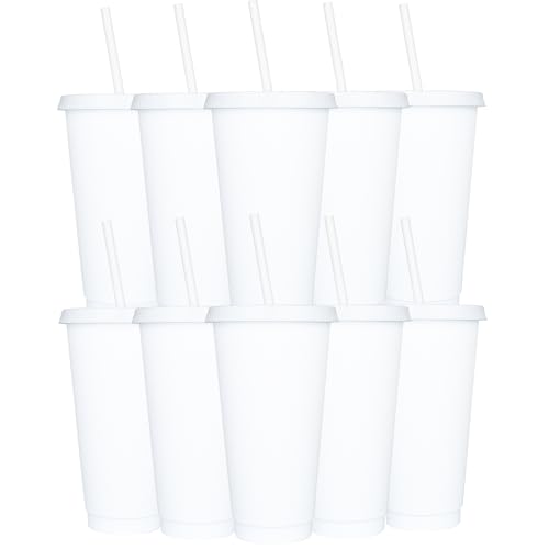 Yisituo Wiederverwendbare Kunststoffbecher, 680 ml, 10 Stück, kalte Becher mit Deckel und Strohhalm, Reisebecher für Erwachsene und Kinder, Party und Strand, Poolversammlungen (10, weiß) von Yisituo