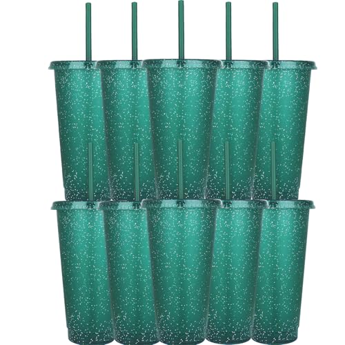 Yisituo Wiederverwendbare Kunststoffbecher, 710 ml, 10 Stück, kalte Becher mit Deckel und Strohhalm, Reisebecher für Erwachsene und Kinder, Party und Strand, Poolversammlungen (10, glitzernd von Yisituo