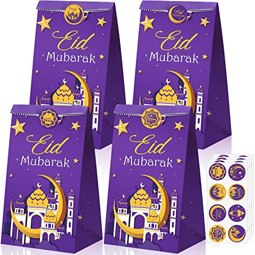 28er Pack Eid Mubarak Gastgeschenke Papiertüten Eid Al Fitr Party Süßigkeiten Geschenktaschen Moschee Ramadan Thema Bedruckte Muster Geschenktüten für Muslim Eid Party Dekoration (Lila) von Yisong