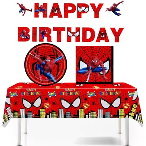 32-teiliges Geburtstagsparty-Geschirr-Set, Dekoration für Kinder mit 1 Tischdecke, 10 Teller, 20 Servietten, 1 Banner Partyzubehör (rot) von Yisound123