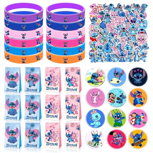 86 Stück Stitch Geburtstag Mitgebsel Kinder - Stitch Silikonarmband Abzeichen Geschenktüten Aufkleber, für Party Mitgebsel Kinder von Yisscen