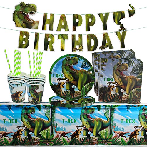 Dinosaurier Party Geschirr, 52 Stück Kinder Geburtstag Party Dekoration Set, Jurassic world Party Supplies, Papierbecher, Teller, Banner, Strohhalme, Tischdecken, Papiertücher, für Junge Motto Party von Yisscen