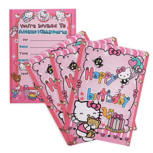 Hello Kitty Kinder Einladungskarten, 30 Stück Einladungen Kindergeburtstag, Party Einladungskarten Set, Hello Kitty Party Supplies, Mädchen Jungs Geburtstag Einladungskarte, Kindergeburtstag Deko von Yisscen