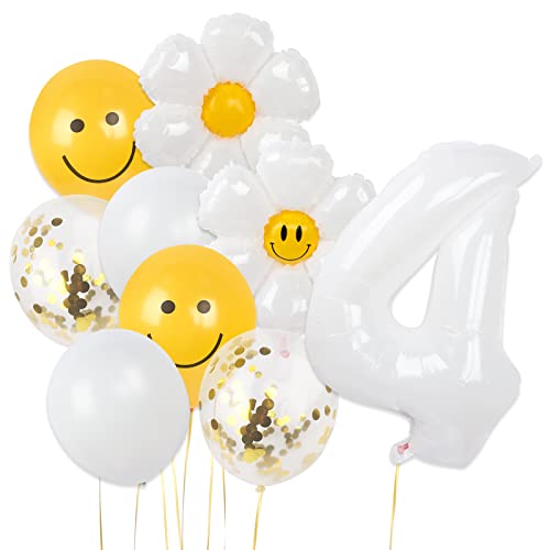 Luftballons Geburtstag Mädchen Junge,4 Jahr Geburtstagsdeko Luftballons,Gänseblümchen Folienballon,Smiley Ballons,Happy Birthday Kindergeburtstag Deko Heliumballons,für Geburtstagsfeier Hochzeit Party von Yisscen