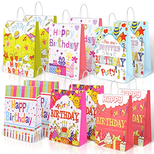 Papiertüten, Geburtstag Geschenktüten, Papiertasche mit Henkel, Happy Birthday Bunte Geschenktüten, Kraftpapier Partytüten, Kindergeburtstag Mitgebsel Geschenktasche Candy Tüten, für Party Deko, 12Pcs von Yisscen
