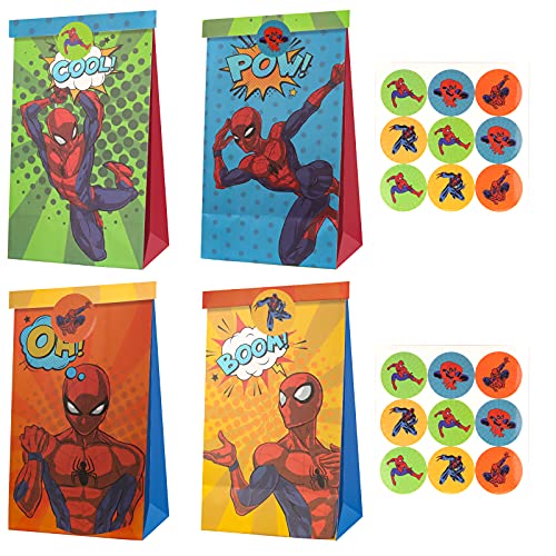 Yisscen 12 pcs Papiertüten Bunt Geschenktüten Spiderman Candy Tüten Papiertüten für kindergeburtstags Geschenke,Geschenkverpackung, Adventskalender, Weihnachten, Giveaways, Hochzeiten -mit 18 Aufklebe von Yisscen