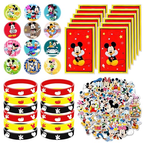 94PCS Minnie Mouse Kindergeburtstags Party Set - Minnie Geschenktüten, Silikonarmband, Abzeichen, Aufkleber, für Jungen Mädchen Minnie Mouse Geburtstagsdeko von Yisscen
