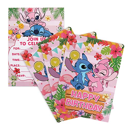 Yisscen Lilo Stitch Kinder Einladungskarten, 30 Stück Einladungen Kindergeburtstag, Party Einladungskarten Set, Stitch Party Supplies, Mädchen Jungs Geburtstag Einladungskarte, Kindergeburtstag Deko von Yisscen