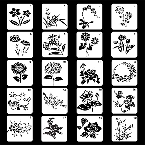 20 Stück Blumenschablonen zum Malen, 13 × 13 cm, wiederverwendbare Bastelschablonen, Zeichnen, Malschablonen für Holz, Wand, Leinwand (Stil A) von Yitexin