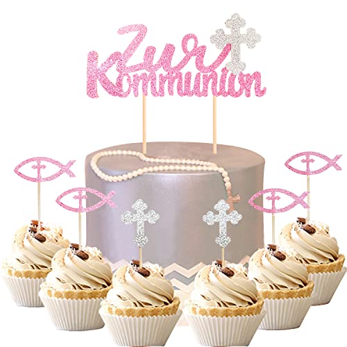 13 Stück Zur Kommunion Torten Topper, Mädchen Taufe Tortendeko Fische Streudeko Kreuz Kuchendekoration Taufe Kuchendekoration Taufe Cupcake Dekoration für Mädchen(Rosa) von Yitla