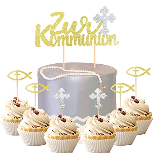 13 Stück Zur Kommunion Torten Topper,Junge Mädchen Taufe Tortendeko Fische Streudeko Kreuz Kuchendekoration Taufe Kuchendekoration Taufe Cupcake Dekoration für Junge Mädchen(Golden) von Yitla