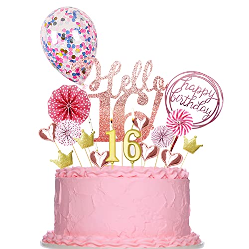 16 Tortendeko Geburtstag Frau,20 Stücke 16 Geburtstag Deko mit 16th Geburtstagskerzen, Kuchen Deko Glitzer Gold Rose Hello 16 Cake Topper Happy Birthday(Gold Silber) (16) von Yitla