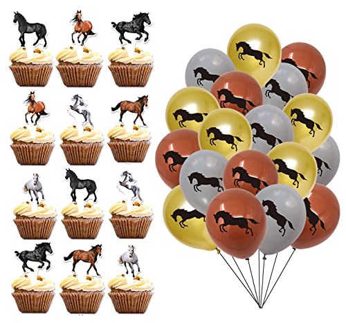 Yitla Pferd Geburtstag Party Deko 12 Stück Pferde Kuchendeckel+18 Stück Pferd Luftballons Tortendeko Pferd Pferde Geburtstagsdeko für Geburtstagsfeiern zum Thema Pferderennen von Yitla