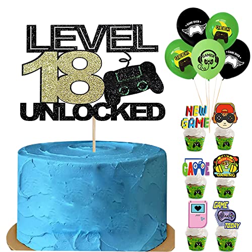 Tortendeko Geburtstag Junge Videospiel Torten Deko Gaming 24 Stück,18th Geburtstag Kuchen Deko Cake Topper Happy Birthday, "level 18 unlocked"Kuchen Dekorationen für Jungs (Level 18) von Yitla