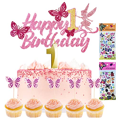 Tortendeko Mädchen Cake Topper 1. geburtstag 13 Stück Schmetterlinge deko +1 Geburtstagskerze+2 Sticker kinder Kuchen Deko Geburtstag deko mädchen Tortendeko Geburtstag, (1) von Yitla