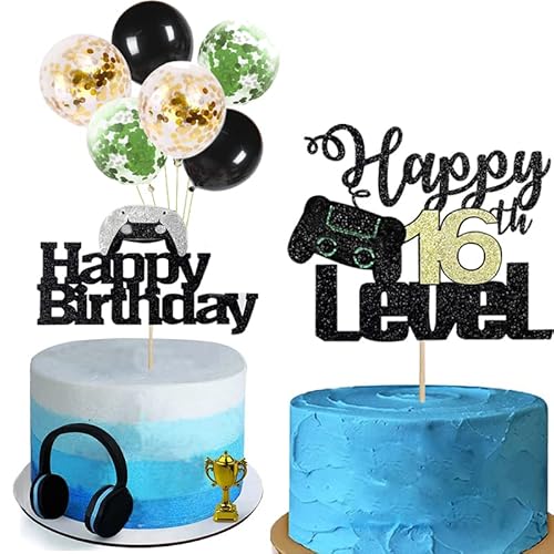 Videospiel Tortendeko Geburtstag Junge,16th Geburtstag Torten Deko Happy 16th Level Tortendeko+Happy Birthday Kuchen Deko+Luftballon Cake Topper für Kinder Party Dekoration (Happy 16th Level) von Yitla