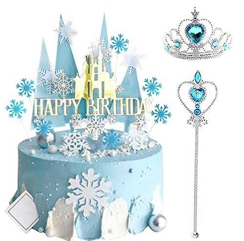 Tortendeko Geburtstag Mädchen,Snow Schneeflocken Tortendeko mit Kronen Gehstöcke,Glitter Cake Topper Happy Birthday Kuchen Topper für Kinder(Blau) von Yitla