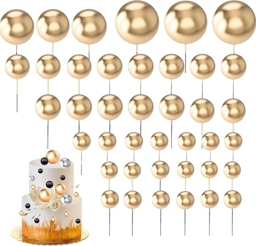 60 Stück Tortendeko Kugeln Cake Topper, Happy Birthday Tortendeko Schwarz, DIY Kuchen Topper,für Hochzeit Party Geburtstag Torte Dekorieren (Gold) von Yitobici