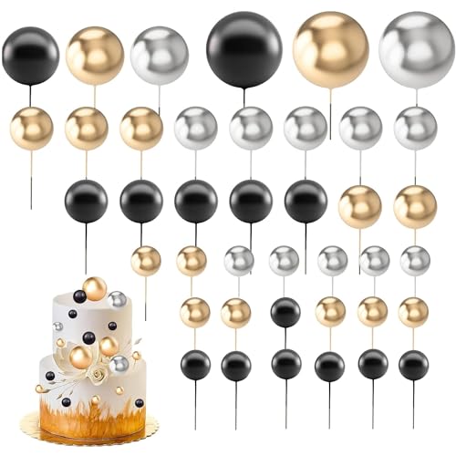 60 Stück Tortendeko Kugeln Cake Topper, Happy Birthday Tortendeko Schwarz, DIY Kuchen Topper,für Hochzeit Party Geburtstag Torte Dekorieren (Schwarz) von Yitobici