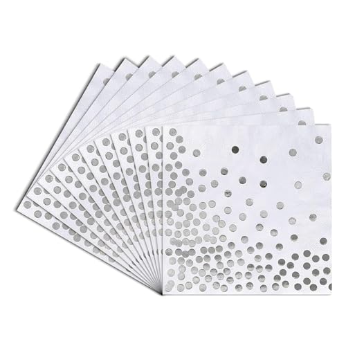 Servietten Silber Dots, 33 x 33cm Goldfolien Punkte,2-lagig Golden Foiled Papierservietten Paper Napkins für Hochzeit Feiertagsfeier,60 Stücke(Silber +Weiß) von Yitobici